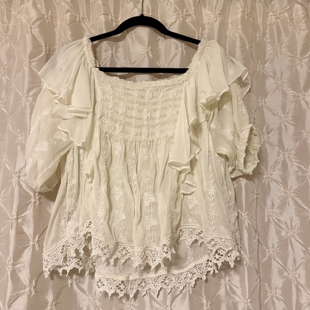 Free People Cream Lace Peasant Blouse with Ruffled Shoulders - Picture 6 of 16